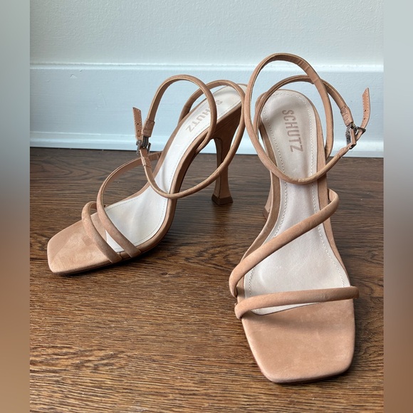 Schutz Light Brown Leather Square Toe Strapy Heels - Size 8M